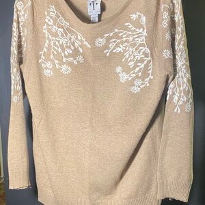 Lily Star Tan Sweater with White Floral Accents